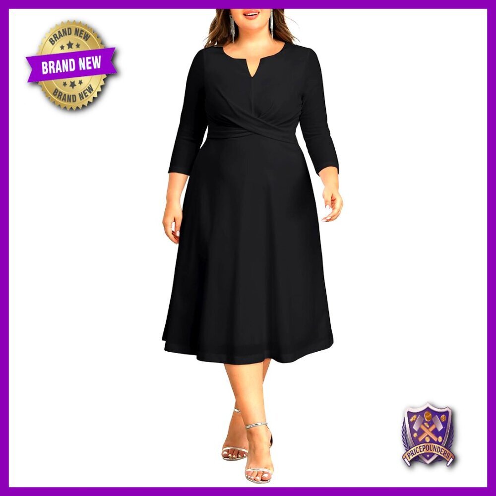 Plus Size Midi Dress 3/4 Sleeve V Neck A-Line Wedding Guest Formal